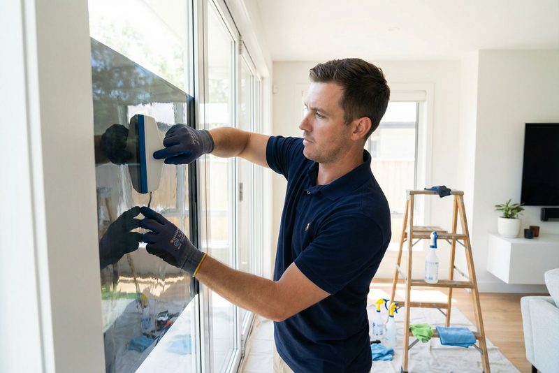 A professional technician carefully applying window film