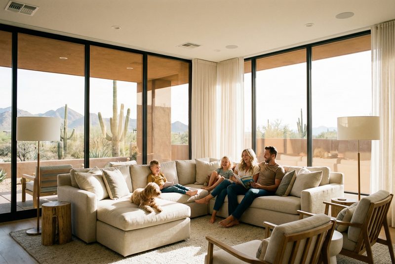 A family enjoying their comfortable, newly tinted living room